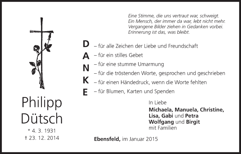  Traueranzeige für Philipp Dütsch vom 24.01.2015 aus MGO