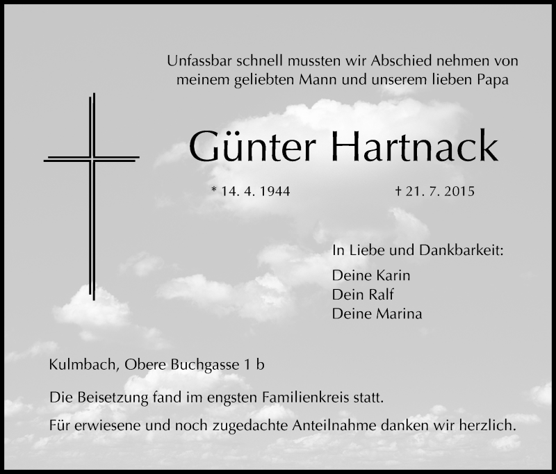  Traueranzeige für Günter Hartnack vom 01.08.2015 aus MGO