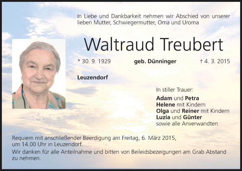  Traueranzeige für Waltraud Treubert vom 05.03.2015 aus MGO