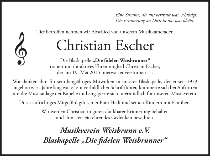  Traueranzeige für Christian Escher vom 28.05.2015 aus MGO