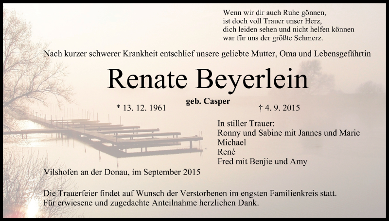  Traueranzeige für Renate Beyerlein vom 12.09.2015 aus MGO
