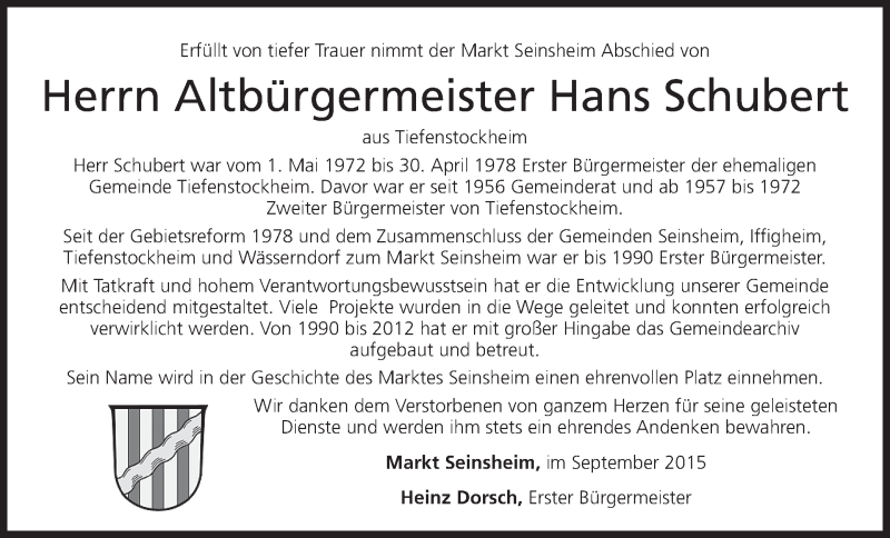  Traueranzeige für Hans Schubert vom 19.09.2015 aus MGO