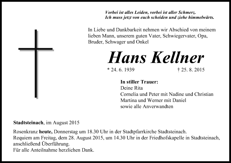  Traueranzeige für Hans Kellner vom 27.08.2015 aus MGO