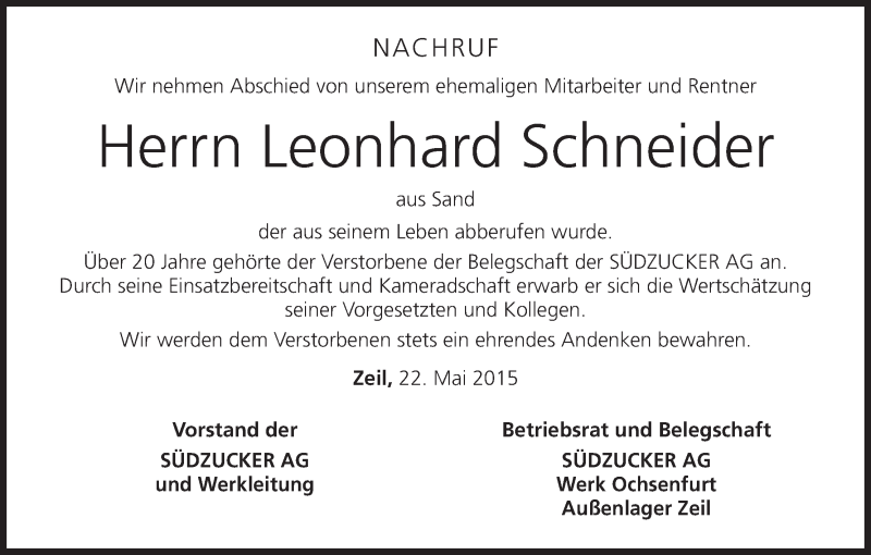  Traueranzeige für Leonhard Schneider vom 26.05.2015 aus MGO