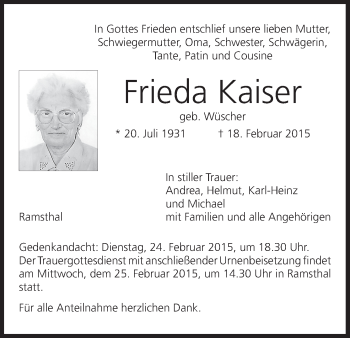 Anzeige von Frieda Kaiser von MGO