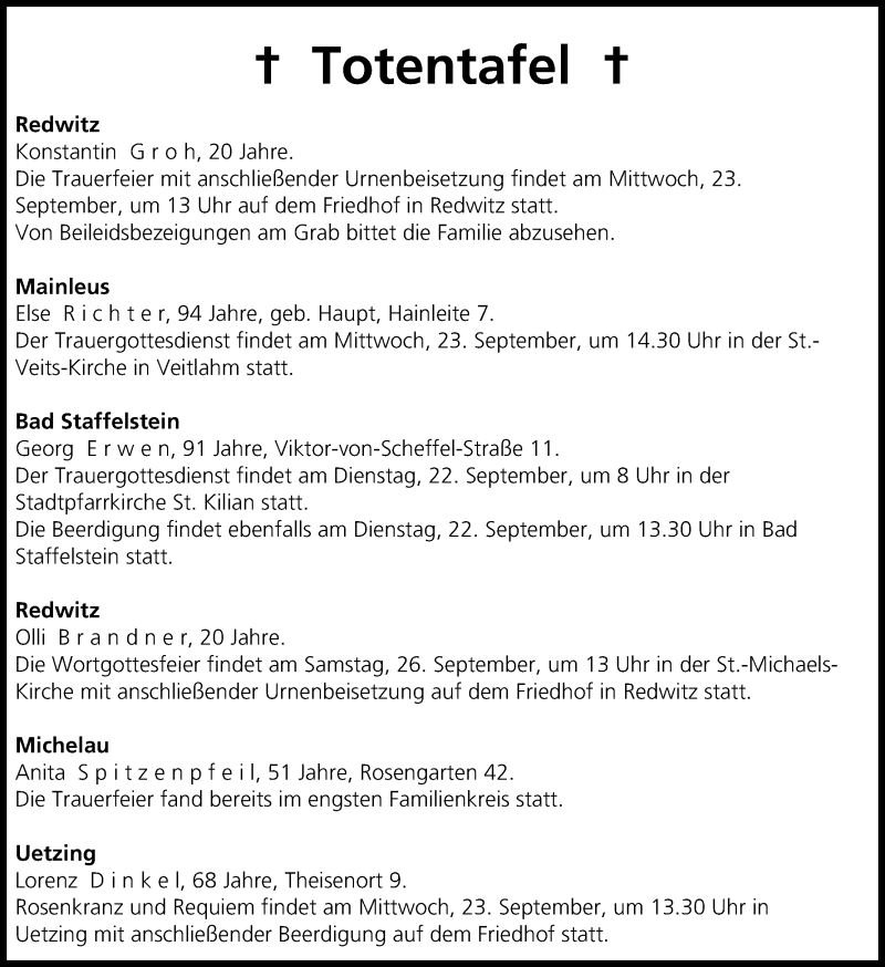 Traueranzeige für Totentafel vom 22.09.2015 vom 22.09.2015 aus MGO