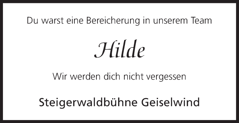  Traueranzeige für Hilde  vom 07.03.2015 aus MGO