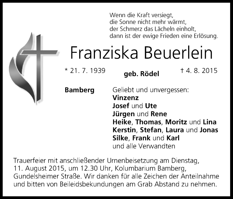  Traueranzeige für Franziska Beuerlein vom 08.08.2015 aus MGO
