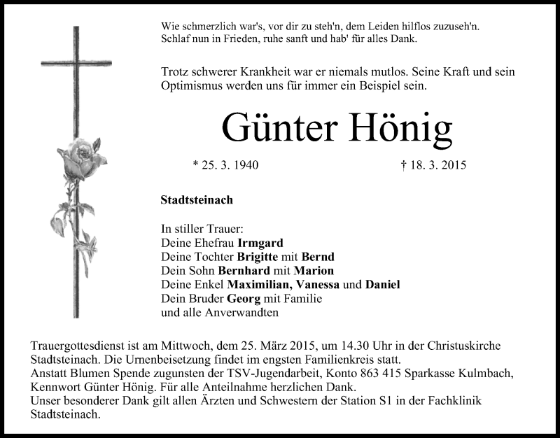  Traueranzeige für Günter Hönig vom 21.03.2015 aus MGO