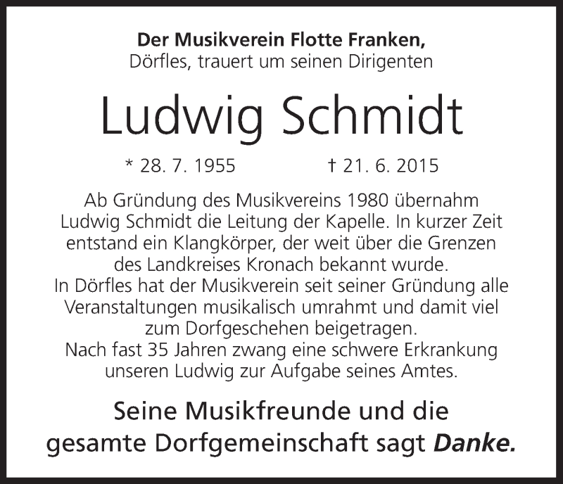  Traueranzeige für Ludwig Schmidt vom 30.06.2015 aus MGO