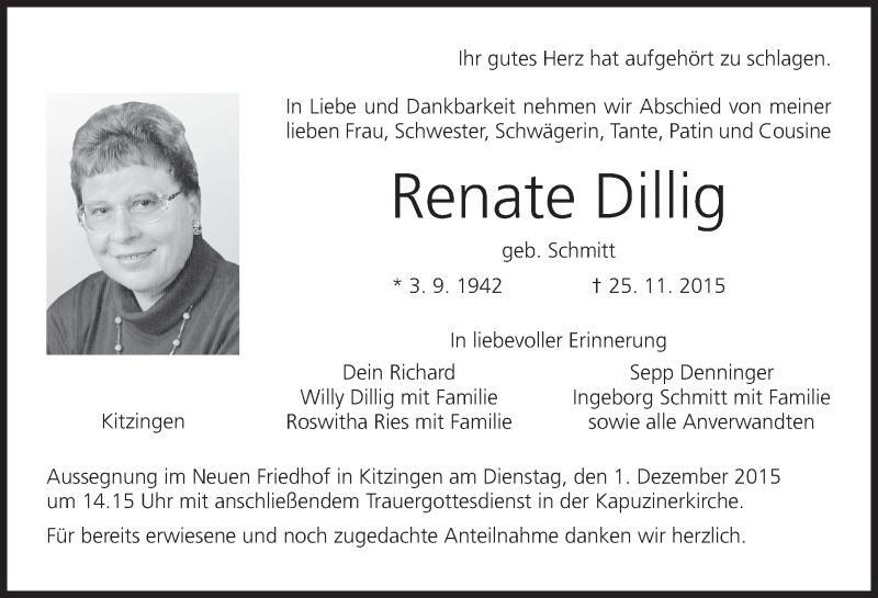  Traueranzeige für Renate Dillig vom 28.11.2015 aus MGO
