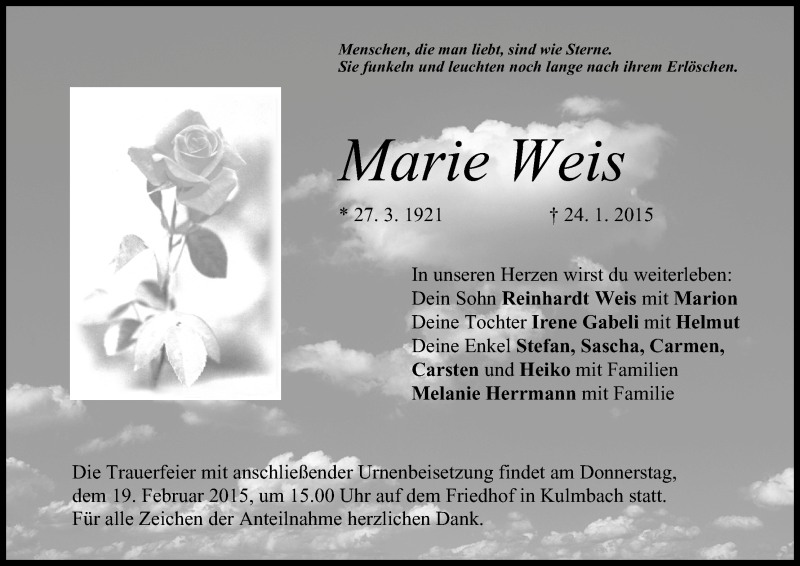  Traueranzeige für Marie Weis vom 16.02.2015 aus MGO