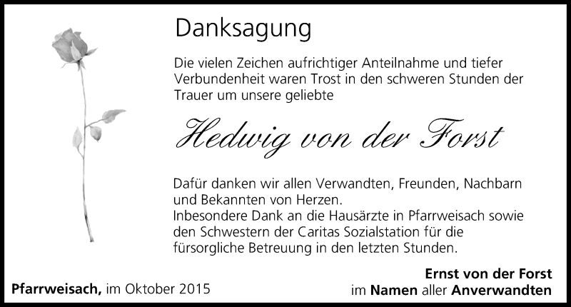  Traueranzeige für Hedwig von der Forst vom 17.10.2015 aus MGO