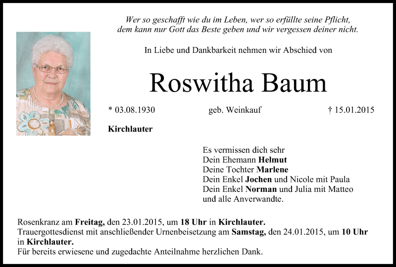  Traueranzeige für Roswitha Baum vom 21.01.2015 aus MGO