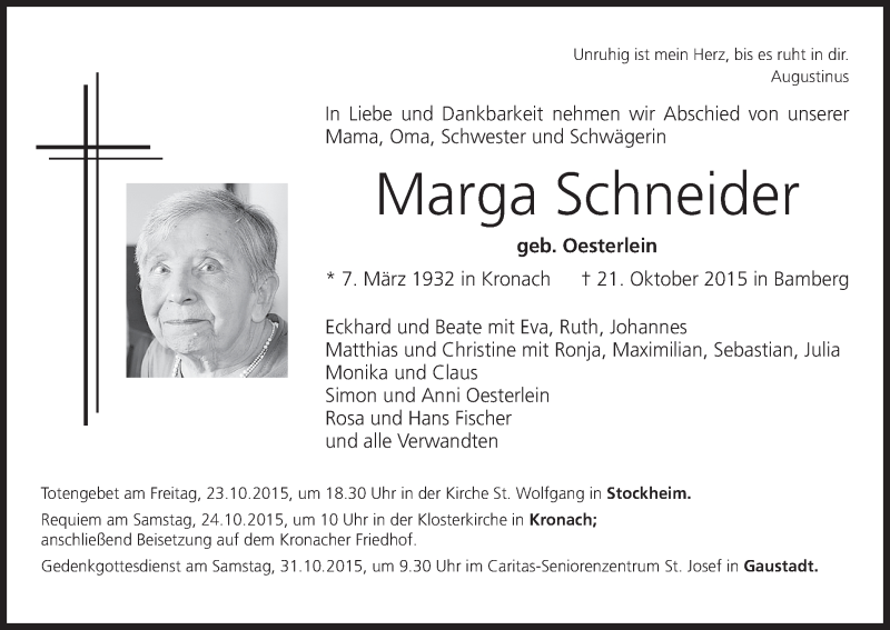  Traueranzeige für Marga Schneider vom 22.10.2015 aus MGO