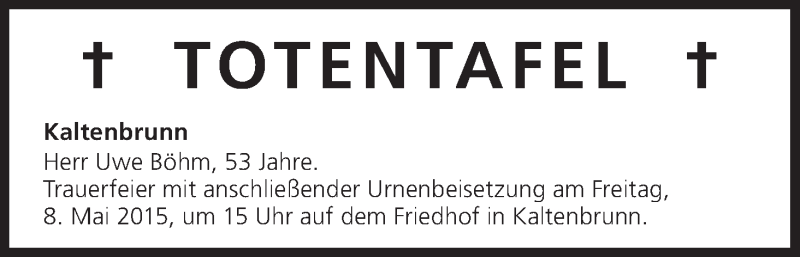 Traueranzeige für Totentafel 08.05.2015 vom 08.05.2015 aus MGO