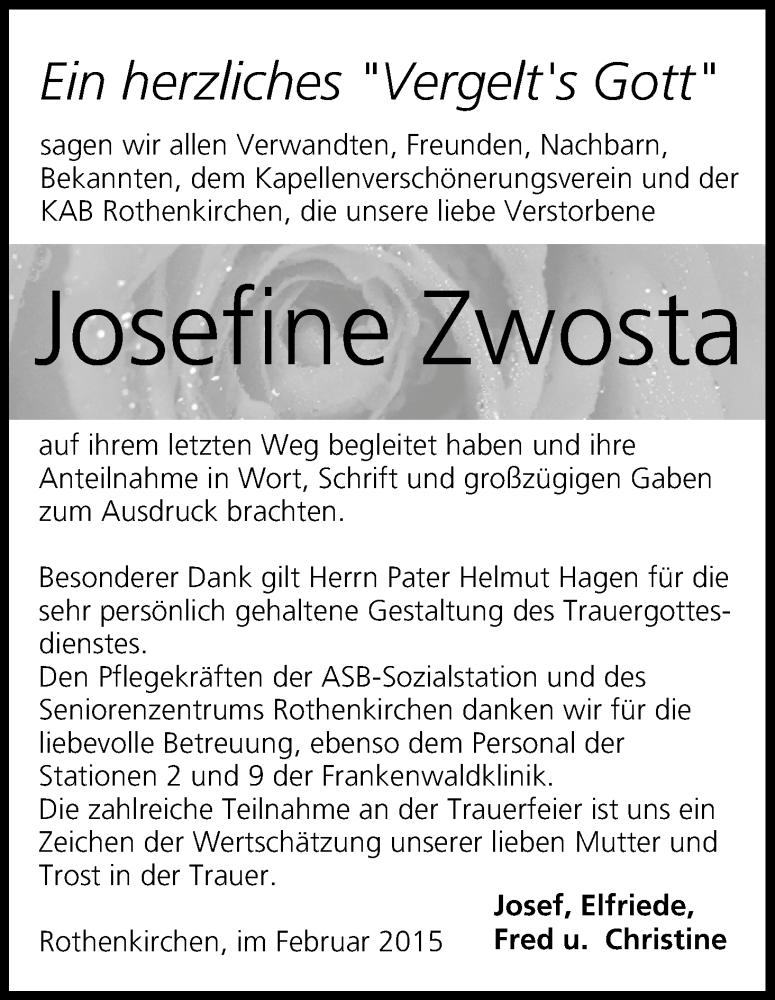  Traueranzeige für Josefine Zwosta vom 04.02.2015 aus MGO