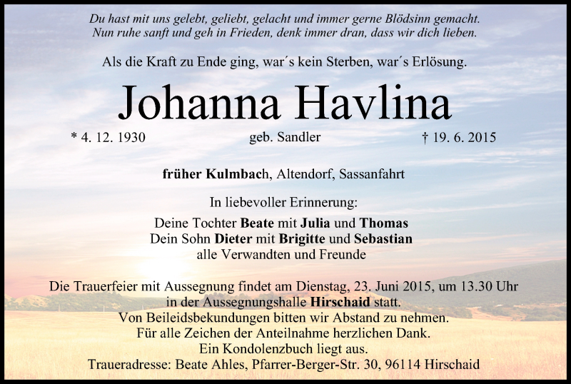  Traueranzeige für Johanna Havlina vom 22.06.2015 aus MGO