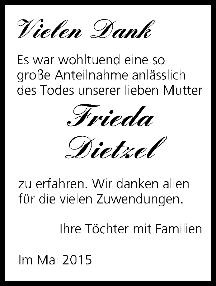  Traueranzeige für Frieda Dietzel vom 05.05.2015 aus MGO