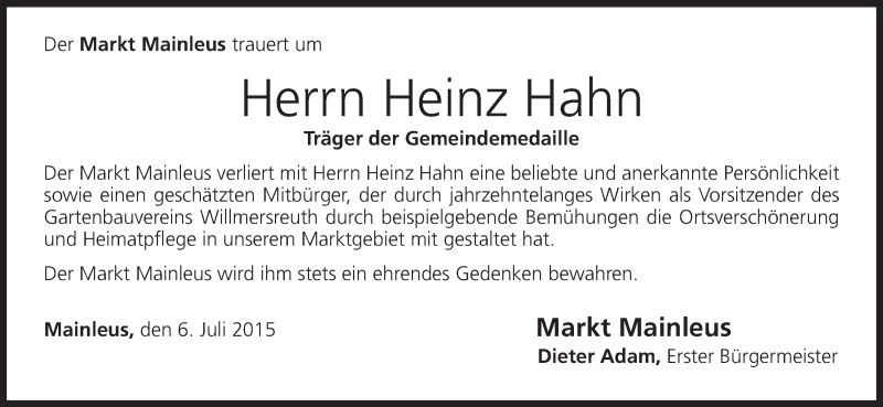  Traueranzeige für Heinz Hahn vom 07.07.2015 aus MGO