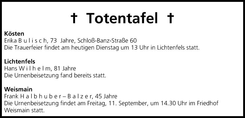  Traueranzeige für Totentafel vom 08.09.2015 vom 08.09.2015 aus MGO