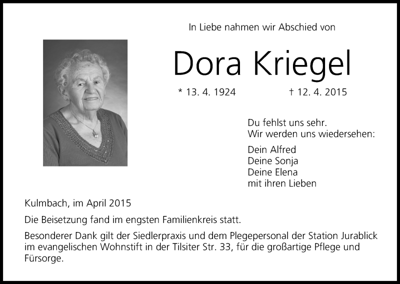  Traueranzeige für Dora Kriegel vom 20.04.2015 aus MGO