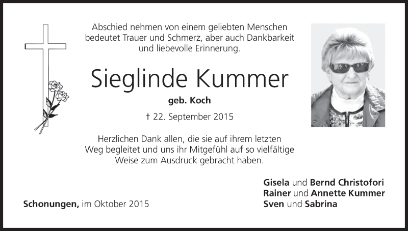 Traueranzeige für Sieglinde Kummer vom 10.10.2015 aus MGO