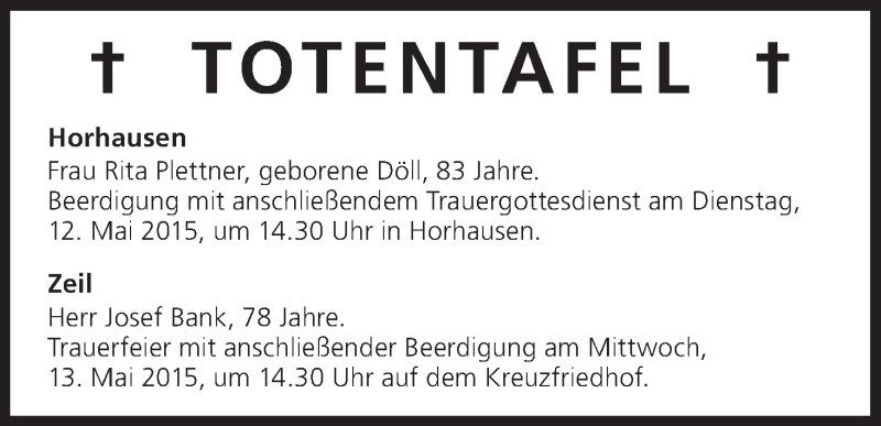  Traueranzeige für Totentafel vom 12.05.2015 vom 12.05.2015 aus MGO