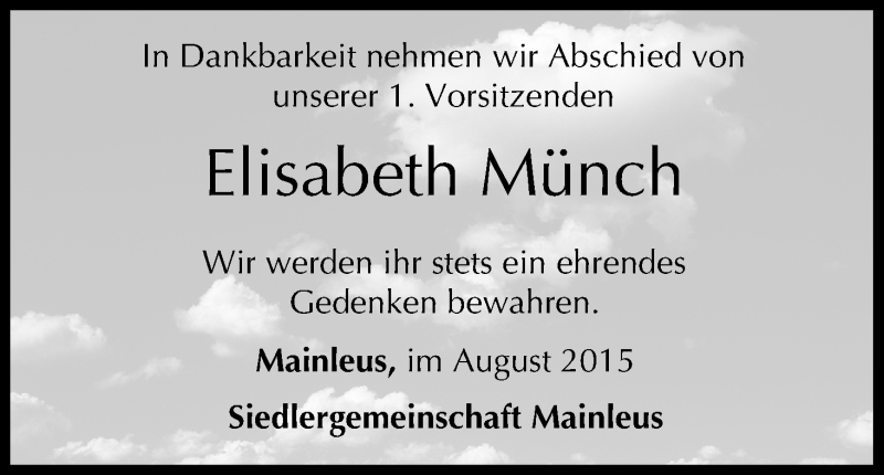  Traueranzeige für Elisabeth Münch vom 29.08.2015 aus MGO