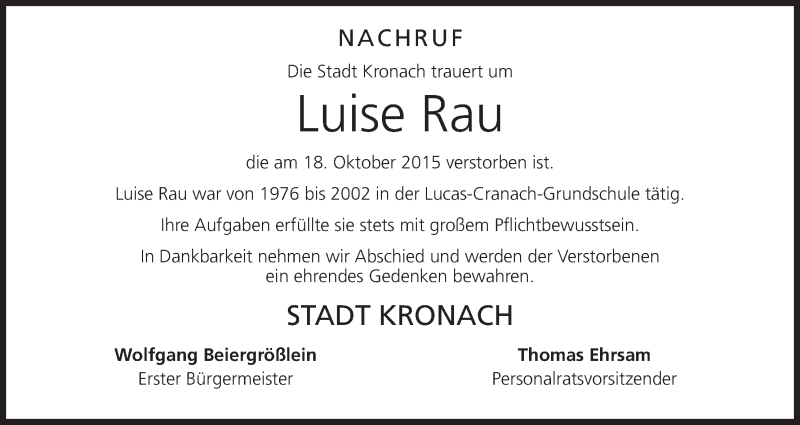  Traueranzeige für Luise Rau vom 27.10.2015 aus MGO