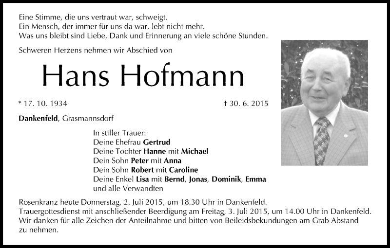  Traueranzeige für Hans Hofmann vom 02.07.2015 aus MGO
