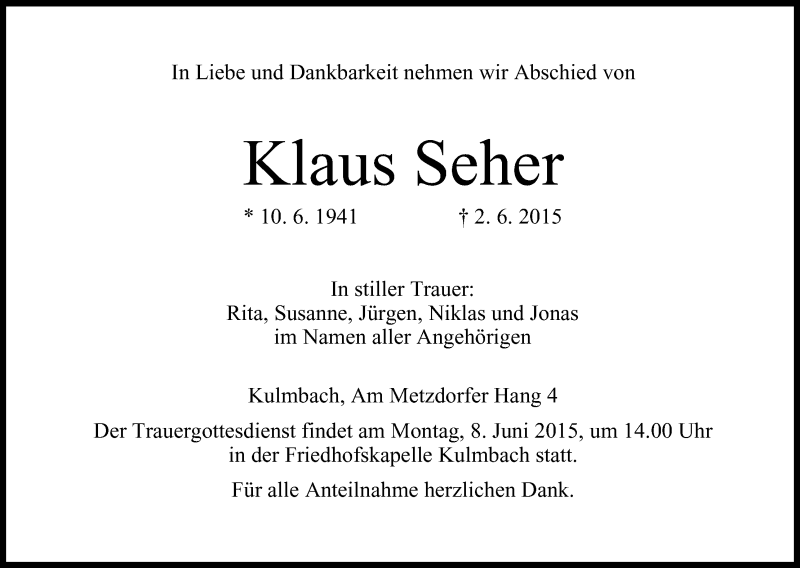  Traueranzeige für Klaus Seher vom 04.06.2015 aus MGO