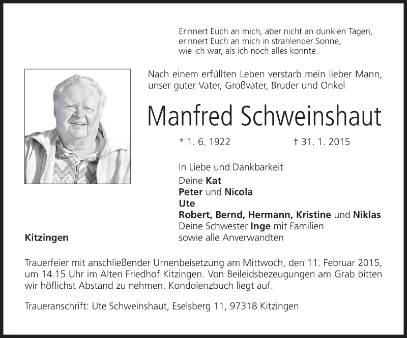  Traueranzeige für Manfred Schweinshaut vom 04.02.2015 aus MGO