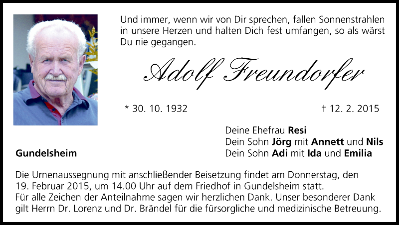  Traueranzeige für Adolf Freundorfer vom 14.02.2015 aus MGO