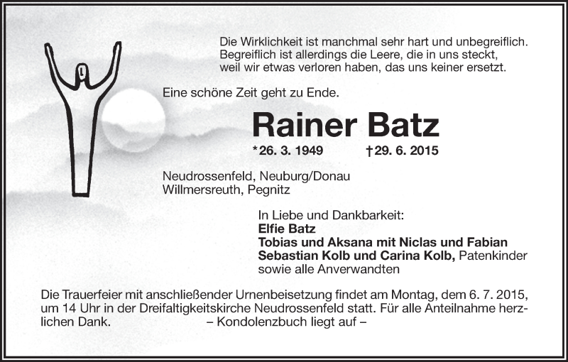  Traueranzeige für Rainer Batz vom 03.07.2015 aus MGO