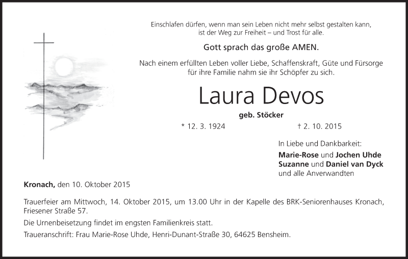  Traueranzeige für Laura Devos vom 10.10.2015 aus MGO