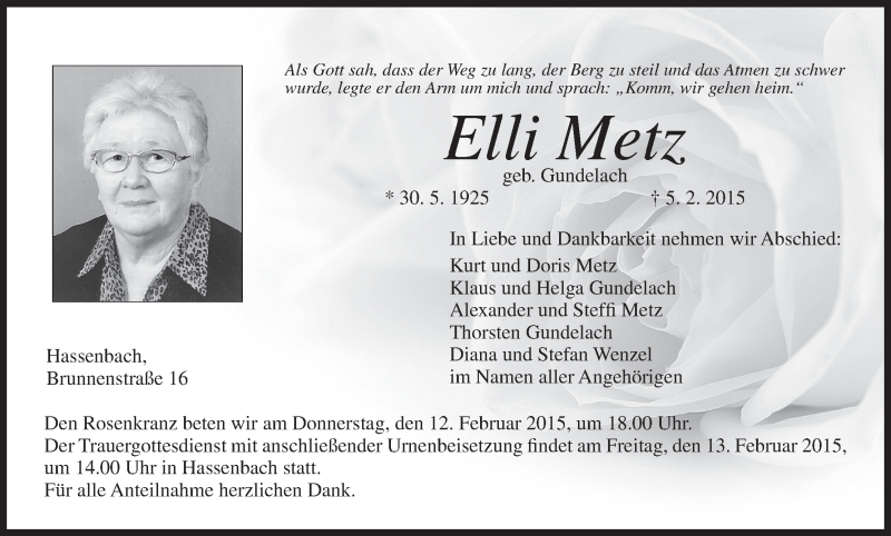  Traueranzeige für Elli Metz vom 11.02.2015 aus MGO