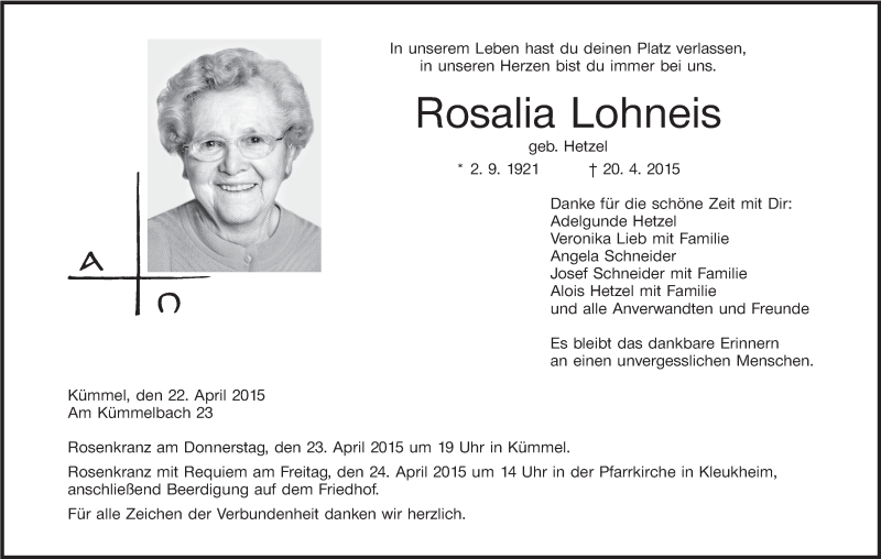  Traueranzeige für Rosalia Lohneis vom 22.04.2015 aus MGO