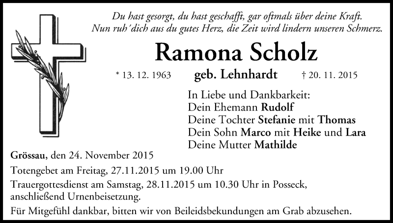  Traueranzeige für Ramona Scholz vom 24.11.2015 aus MGO