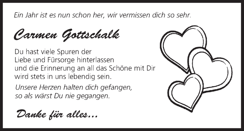  Traueranzeige für Carmen Gottschalk vom 19.01.2015 aus MGO