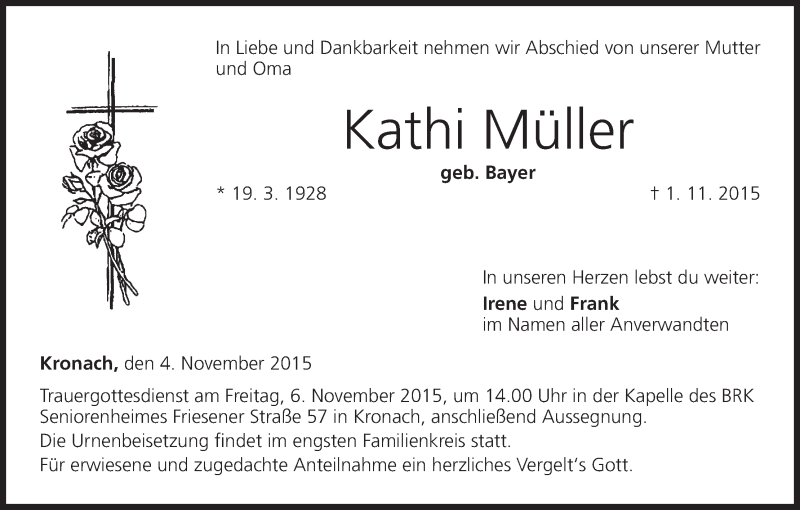  Traueranzeige für Kathi Müller vom 04.11.2015 aus MGO