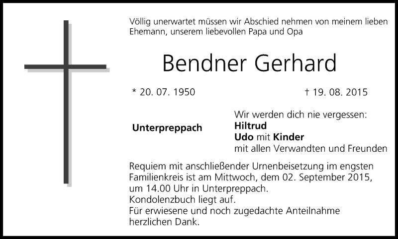  Traueranzeige für Bendner Gerhard vom 01.09.2015 aus MGO
