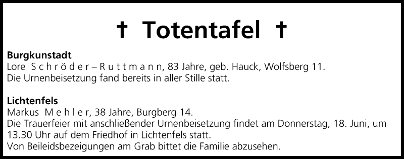  Traueranzeige für Totentafel vom 17.06.2015 vom 17.06.2015 aus MGO