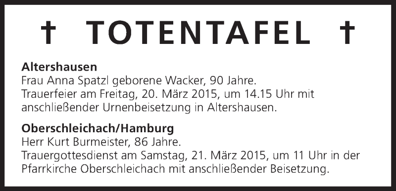  Traueranzeige für Totentafel vom 20.03.2015 vom 20.03.2015 aus MGO