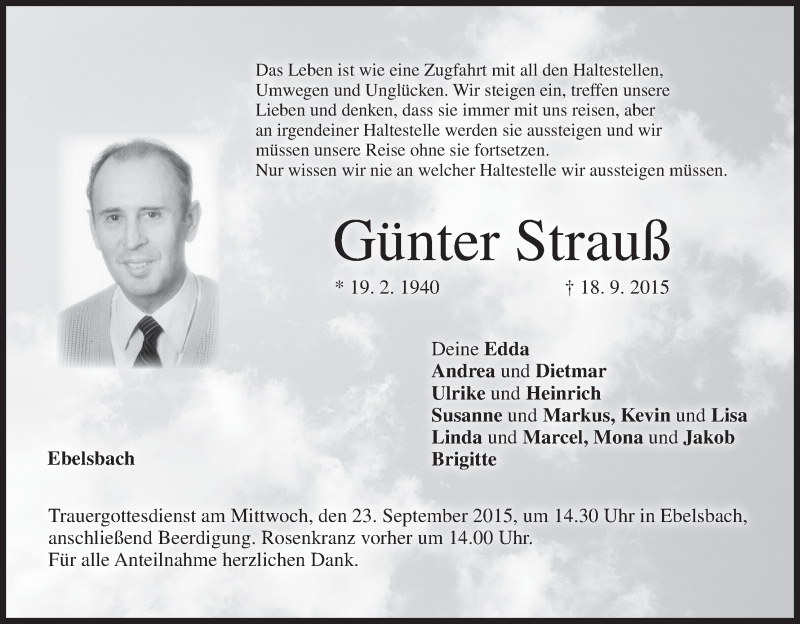  Traueranzeige für Günter Strauß vom 21.09.2015 aus MGO