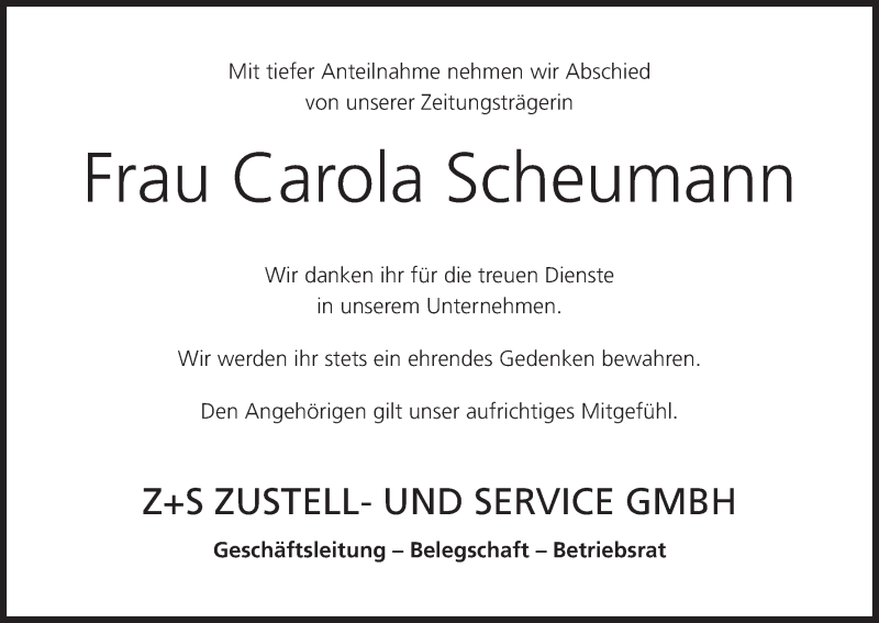  Traueranzeige für Carola Scheumann vom 28.01.2015 aus MGO