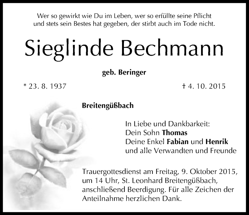  Traueranzeige für Sieglinde Bechmann vom 06.10.2015 aus MGO