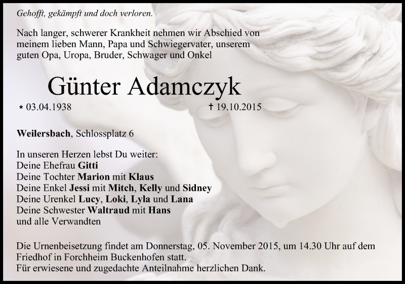  Traueranzeige für Günter Adamczyk vom 02.11.2015 aus MGO