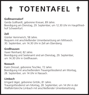 Anzeige von Totentafel vom 28.09.2015 von MGO