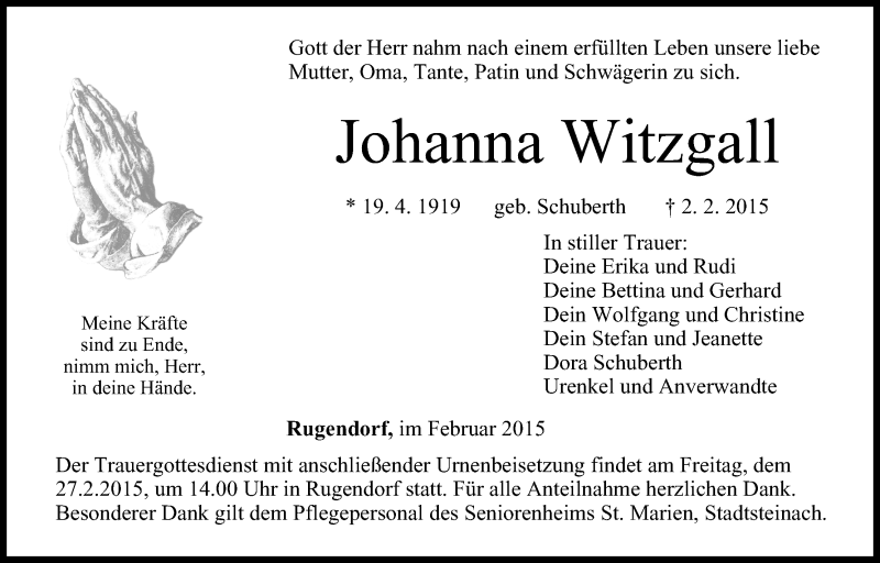  Traueranzeige für Johanna Witzgall vom 25.02.2015 aus MGO
